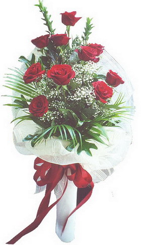 Bursa çiçek ten 9 adet kaliteli ve görsel kırmızı gül görsel bahar havasında hazırlanmış demet modeli Bursasonbahar çiçekçilik ürünüdür.